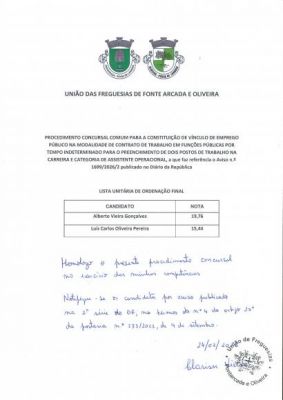 Lista Ordena&ccedil;&atilde;o Final do Procedimento concursal comum para dois postos de trabalho na carreira e categoria de assistente operacional