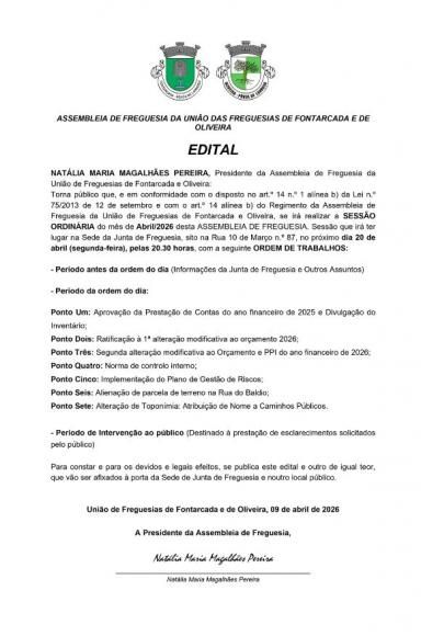 SESS&Atilde;O ORDIN&Aacute;RIA do m&ecirc;s de Abril/2026 desta ASSEMBLEIA DE FREGUESIA.