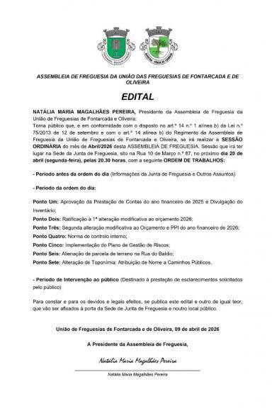 SESS&Atilde;O ORDIN&Aacute;RIA do m&ecirc;s de Abril/2026 desta ASSEMBLEIA DE FREGUESIA.