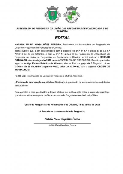 REUNI&Atilde;O DE ASSEMBLEIA DE FREGUESIA DIA 29.06.2026